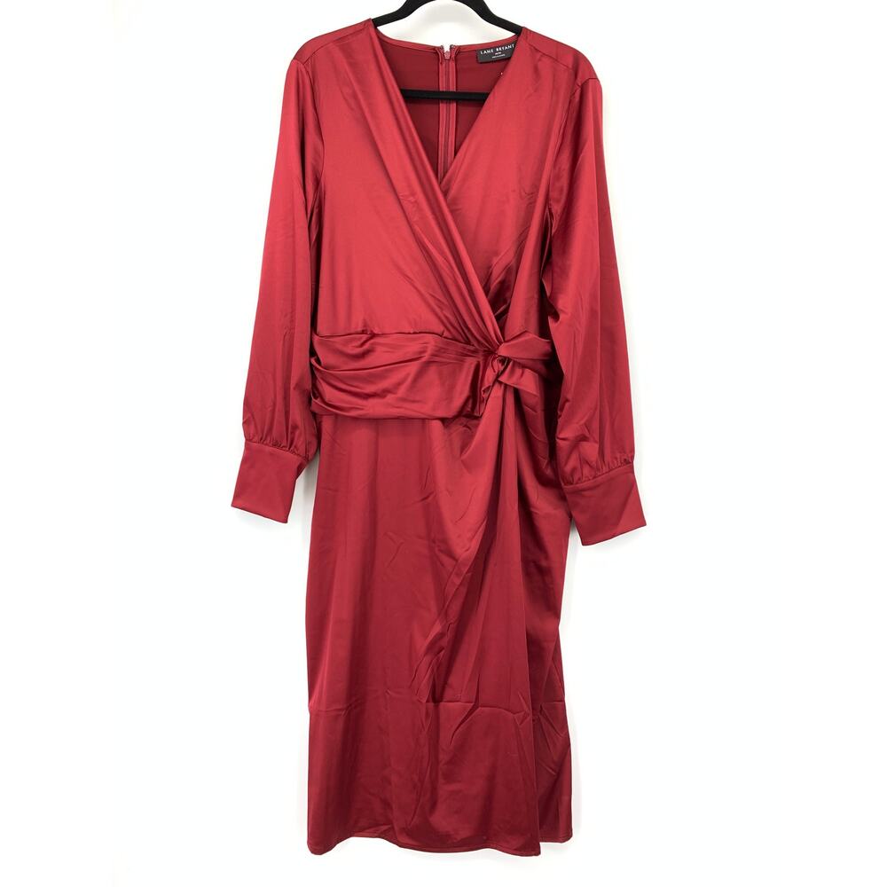 Lane Bryant Faux Wrap Midi Dress Womens SIze 18/20 Red Satin Long Sleeve NEW